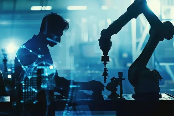 Engineer working with a robotic arm in a high-tech manufacturing environment, with digital network graphics overlay representing smart manufacturing.